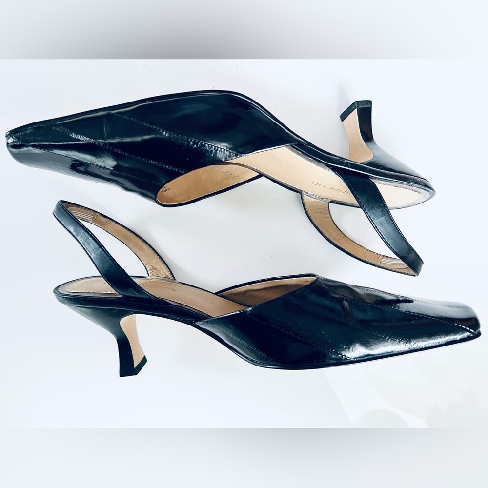 Liz Claiborne Black eel skin sling back heel.
